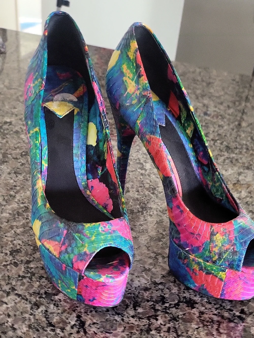 Brian Atwood Multicolor Paint-Splash Peep-Toe Platform Pumps